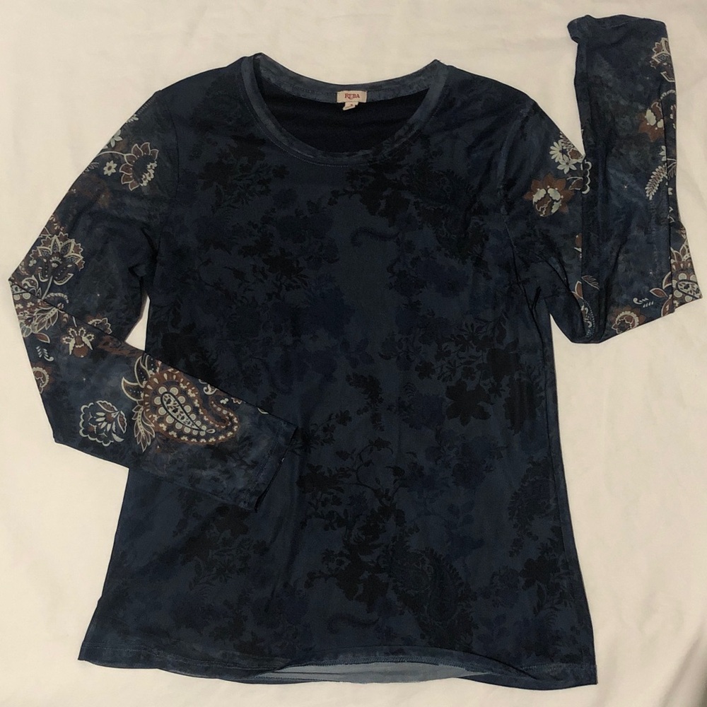 Reba Navy and Brown Floral Long Sheer Sleeve Top S